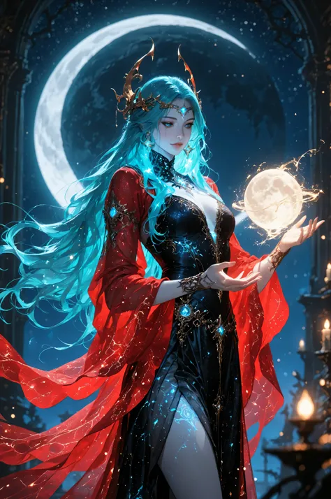masterpiece, best quality, very aesthetic, absurdres,Fantasy Elements,a picture of an epic beautiful woman, ghostly beauty, wearing celestial dress, black silk dress, with celestial patterns, intricate dress, transluminescent dress, transparent dress, re...