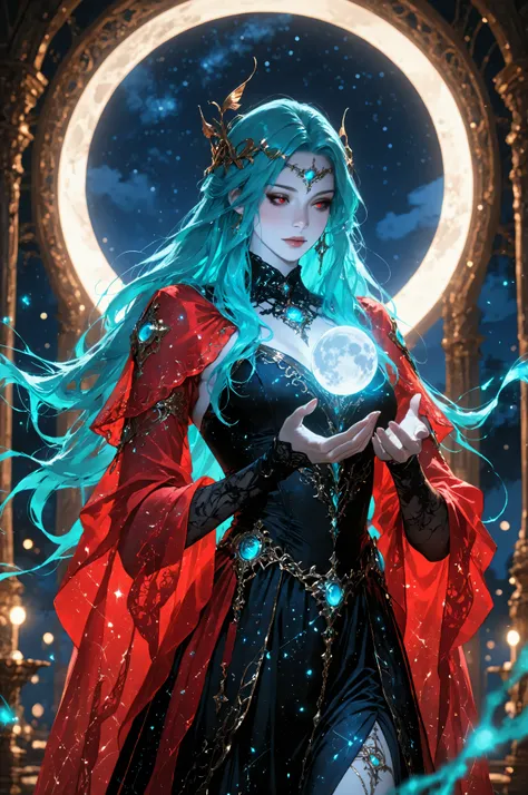 masterpiece, best quality, very aesthetic, absurdres,Fantasy Elements,a picture of an epic beautiful woman, ghostly beauty, wearing celestial dress, black silk dress, with celestial patterns, intricate dress, transluminescent dress, transparent dress, re...