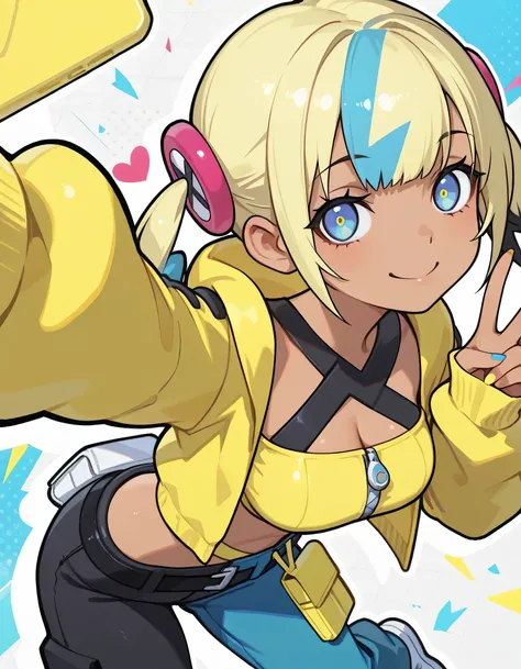 masterpiece, best quality, amazing quality,(dynamic fighting stance), 1girl, canari, dark skin, multicolored hair, two-tone hair, blonde hair, blue hair, twintails, blue smile eyes, hair ornament,smile, yellow jacket, hooded jacket, open jacket, long slee...