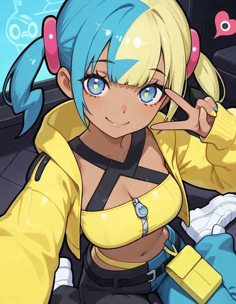 masterpiece, best quality, amazing quality,(dynamic cute wariza), 1girl, canari, dark skin, multicolored hair, two-tone hair, blonde hair, blue hair, twintails, blue smile eyes, hair ornament,smile, yellow jacket, hooded jacket, open jacket, long sleeves,...