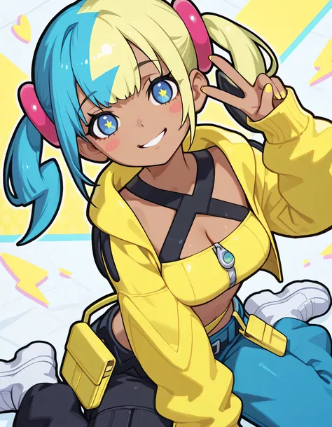 (dynamic cute wariza), 1girl, canari, dark skin, multicolored hair, two-tone hair, blonde hair, blue hair, twintails, blue smile eyes, hair ornament,smile, yellow jacket, hooded jacket, open jacket, long sleeves, sleeves past wrists, crop top, midriff, zi...