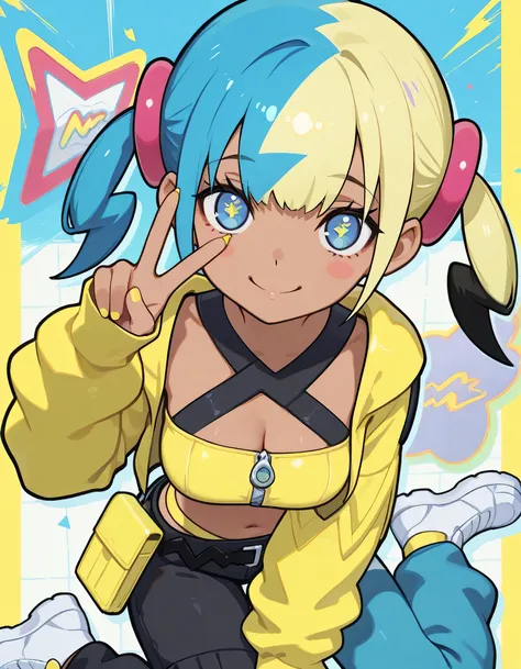 (dynamic cute wariza), 1girl, canari, dark skin, multicolored hair, two-tone hair, blonde hair, blue hair, twintails, blue smile eyes, hair ornament,smile, yellow jacket, hooded jacket, open jacket, long sleeves, sleeves past wrists, crop top, midriff, zi...