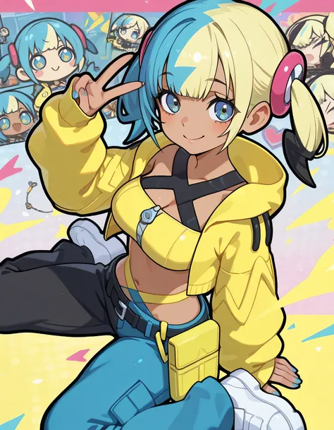 (dynamic cute wariza),sideview, 1girl, canari, dark skin, multicolored hair, two-tone hair, blonde hair, blue hair, twintails, blue smile eyes, hair ornament,smile, yellow jacket, hooded jacket, open jacket, long sleeves, sleeves past wrists, crop top, mi...
