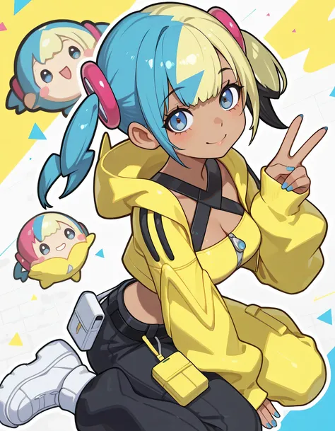 (dynamic cute wariza),sideview, 1girl, canari, dark skin, multicolored hair, two-tone hair, blonde hair, blue hair, twintails, blue smile eyes, hair ornament,smile, yellow jacket, hooded jacket, open jacket, long sleeves, sleeves past wrists, crop top, mi...