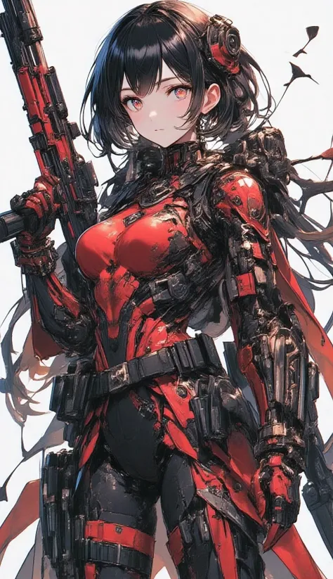 gear、gear、gear、黒い背景にgearとネジ、Lots of precise parts、High Quality、high image quality、Female adventurer holding a mechanical shotgun、mechanical shotgun made with precise parts、Dynamic composition、shows the whole body、Accurate Body Structure、accurate compositio...