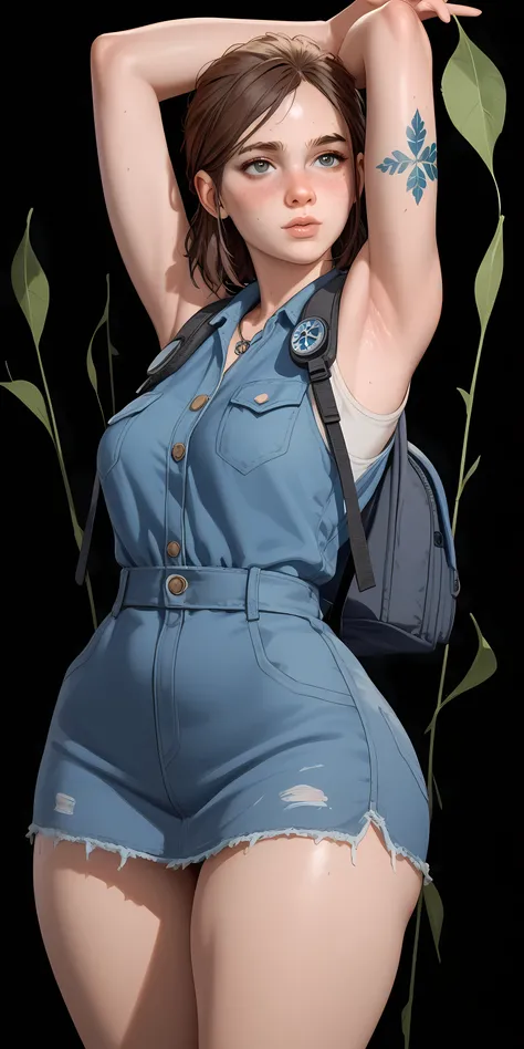 Ellie from the last of ud part 2, (very thin waist)), ((very thin waist))))athletic,  (freckles)), black background, ((() With a arrow bow. (((backpack))) (((blue jacket sleeveless))) leaves tattoo in the forearm. (((armpits))) (((medium open breast)))(((h...