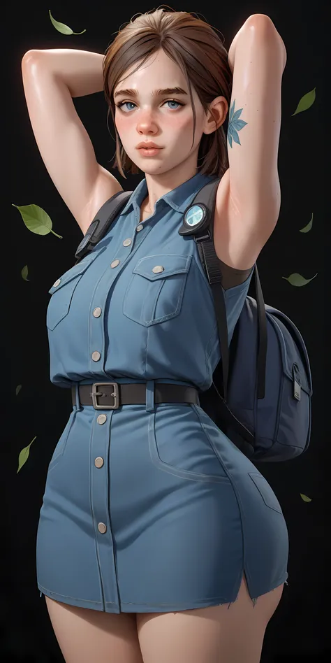 Ellie from the last of ud part 2, (very thin waist)), ((very thin waist))))athletic,  (freckles)), black background, ((() With a arrow bow. (((backpack))) (((blue jacket sleeveless))) leaves tattoo in the forearm. (((armpits))) (((medium open breast)))(((h...
