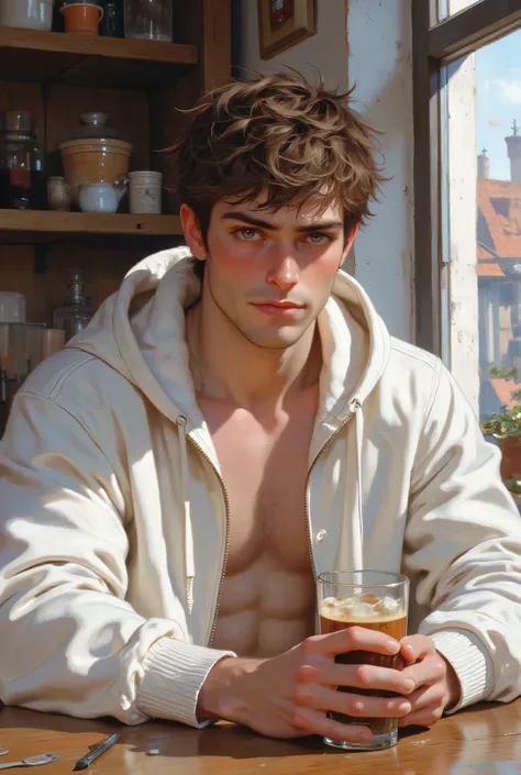 Handsome pale man with brown hair grey eyes with a nervous smile, (((short brown messy hair))), (((pale skin))), (((wide shoulders with thin waist))), (((masculine body with a pretty face))), (((full lips))), (((sharp jaw))), (((grey slanted eyes))), (((we...