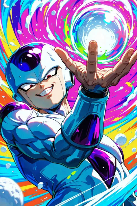 solo, low angle, upper body of frieza in air, one arm streched out upward with gripping a white snow ball, throwing it, smug grin to viewer, 
dynamic pose, speed motion, motion blur, colorful,
