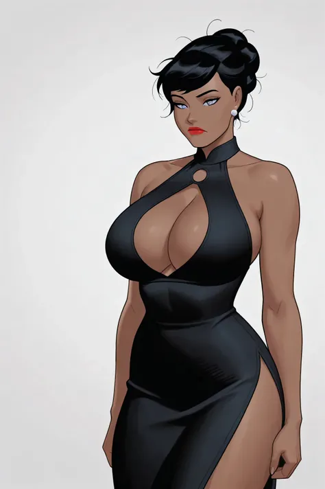 masterpiece, amazing quality, best quality, ultra-detailed, 1girl, Frank Cho Art style, Frank Cho Artstyle, 1girl, solo, l01sl4ne, hair in a messy updo, loose strands, black hair, purple eyes, closed mouth, jewelry, earrings, dark skin, full red lips, dark...