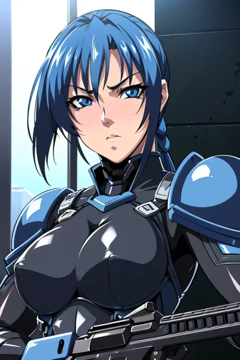 anime style, upper body portrait, tall athletic female corporate security soldier, blue hair (tied back) and (sharp blue eyes), wearing (black tactical armor) and black helmet, serious strict expression, holding assault rifle, subtle kindness in eyes, phot...