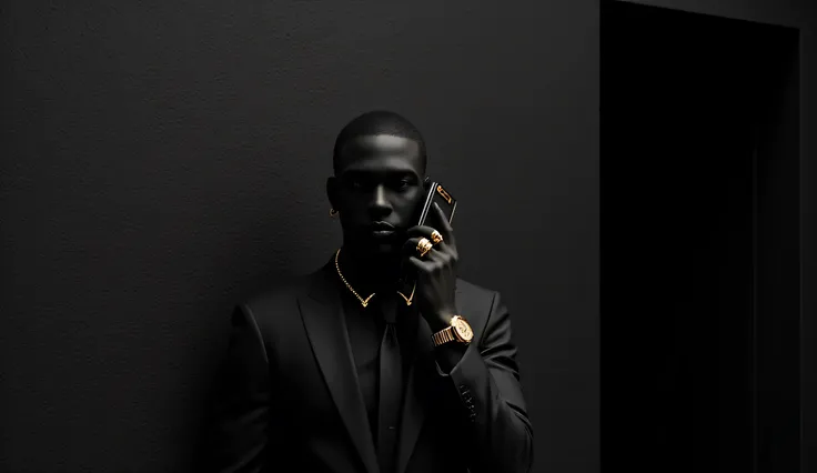 A latin male model black body painted ,stands against a dark gray textured wall, holding a black smartphone with a gold case to his ear. He wears a sleek black suit with a matching tie and shirt. His left hand is raised to his ear speaking with the phone, ...