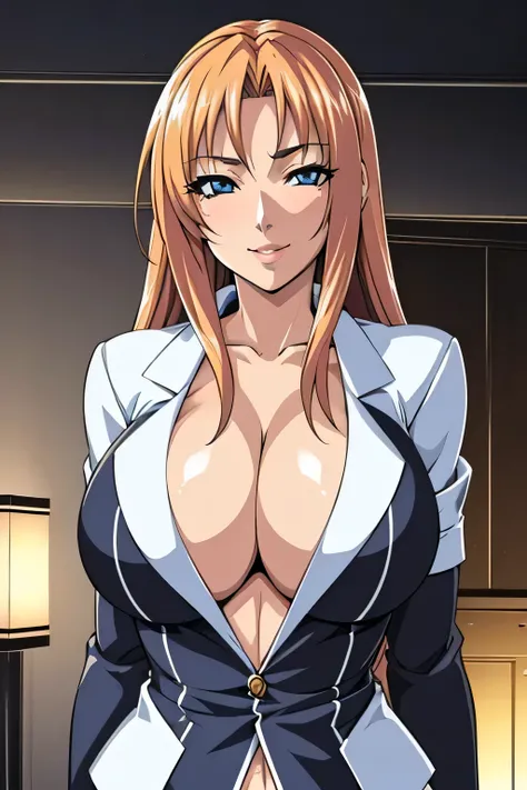 anime style, upper body portrait, glamorous tall 37-year-old female research director, disheveled but once-beautiful hair, ruined makeup, wearing a loosened formal suit with an open white lab coat, exposing cleavage and waist, blue or hazy mad eyes full of...