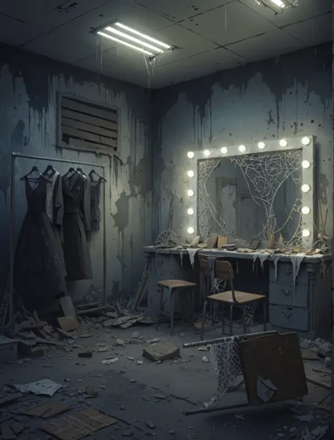 masterpiece, beautiful illustration, ultra details, wardrobe, ruin, 