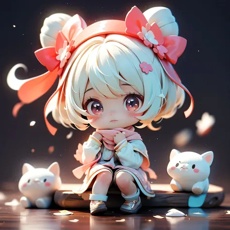 Masterpiece, best quality, 8k, ultra-detailed chibi anime-style girl sitting alone on a wooden bench. She has big glossy eyes filled with sadness, a small trembling mouth, and slightly drooping shoulders. Her short soft hair falls gently around her face as...