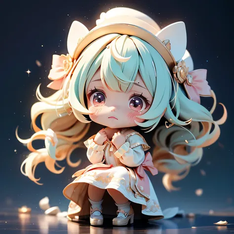 Masterpiece, best quality, 8k, ultra-detailed chibi anime-style girl with big shimmering eyes overflowing with tears. She is crying softly, her hands covering her mouth as her shoulders shake. She has medium-length fluffy hair with cute clips, a small roun...