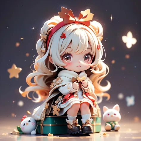 Masterpiece, best quality, 8k, ultra-detailed chibi style Christmas girl with long wavy chestnut-brown hair styled in soft twin curls, warm amber-brown eyes, rosy cheeks, and she's sad.---------------------------------- She is wearing a festive winter outf...