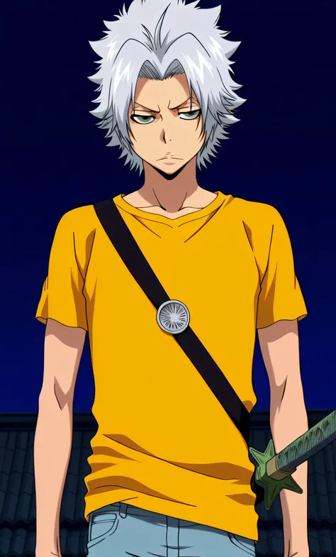 1male, solo, Tōshirō Hitsugaya, green eyes, silver hair, short hair, yellow t-shirt, blue jeans, muscle, Sheathed Sword, katana, portrait, rooftop, night, Katekyo Hitman Reborn
