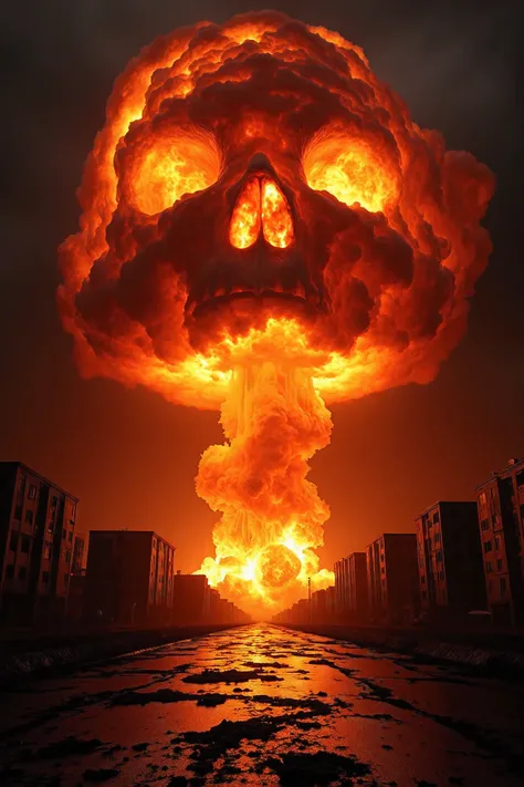 Ultra-realistic, photo-realistic, ultra-detailed, physically-based rendering, 3D rendered realism, UHDR, high-res, icon style, startling presence. A massive, skull-shaped atomic explosion dominates the upper 75% of the frame. The mushroom cloud, rendered i...