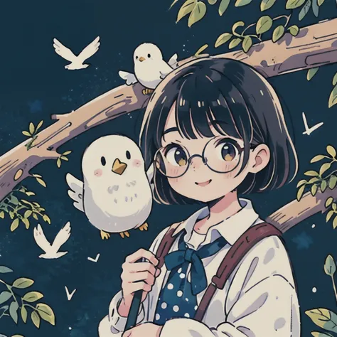 1 white bird、high quality, high steady tail, Warm Atmosphere, The white bird is on his shoulder, 1 woman, Black round glasses, dark-haired shorthair carrying a big log, white blouse, Smile Yan, upper body, polka dot pop background, solo, masterpiece, 4K re...