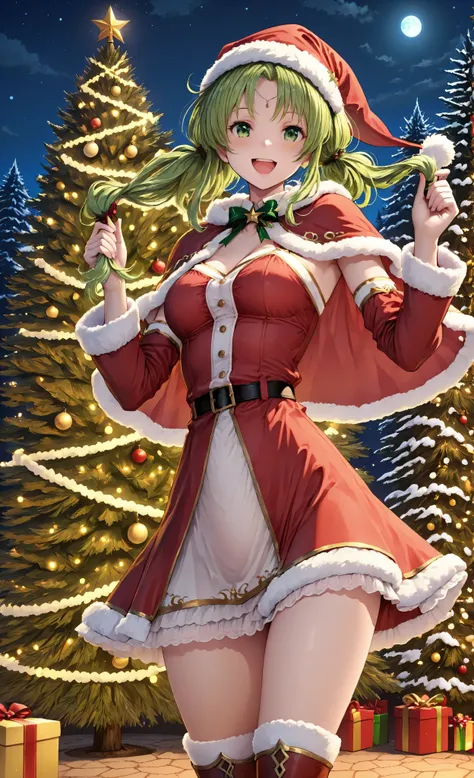 masterpiece, and above, 1girl, solo, open mouth, viewers, happy, smile, green hair, green eyes, Twin Tails, Circle, Lala cello, Santa Hat, Santa Dress, thighs, Santa Mini Skirt,red high boots, gold trim, is touching your hair, night,null,Outdoor Holiday Li...