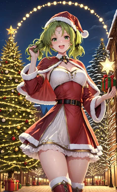 masterpiece, End, 1girl, solo, open mouth, viewers, happy, smile, green hair, green eyes, Twin Tails, Circle, Lala cello, Santa Hat, Santa Dress, thighs, Santa Mini Skirt,Red high boots, gold trim, is touching your hair, night,null,Outdoor Holiday Light Di...