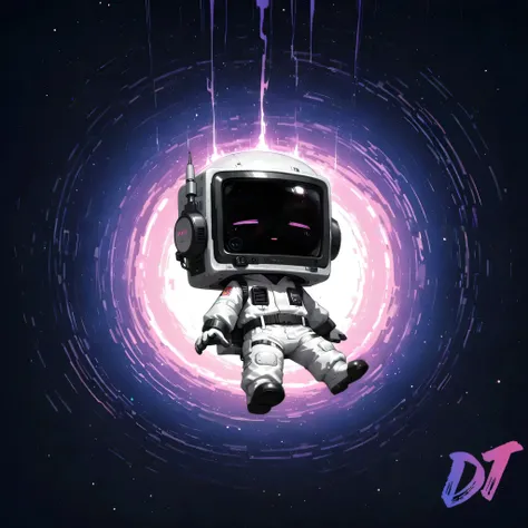 (masterpiece, best quality:1.2), chibi style, 1boy, radio_head, expressive craze_face, glowing circle eyes, glitch_face distortion, chibi style, soft outlines, cute proportions, wearing spacesuit, (closed eyes, tired eyes), (floating gently in outer space)...