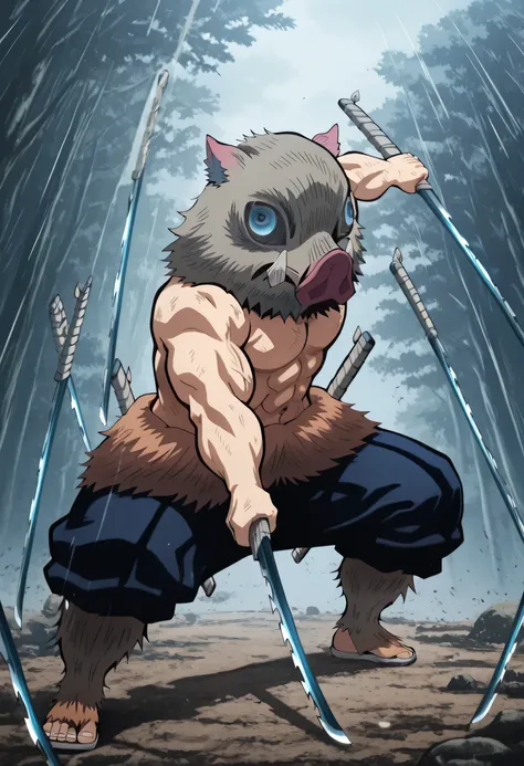 grey-pink_Inosuke_boar mask, white_Inosuke_tusks, blue_Inosuku_boar eyes,muscle,full body,having to the katana with hand,Two-sword style,fighting with two swords