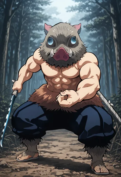 grey-pink_Inosuke_boar mask, white_Inosuke_tusks, blue_Inosuku_boar eyes,muscle,full body,having to the katana with hand