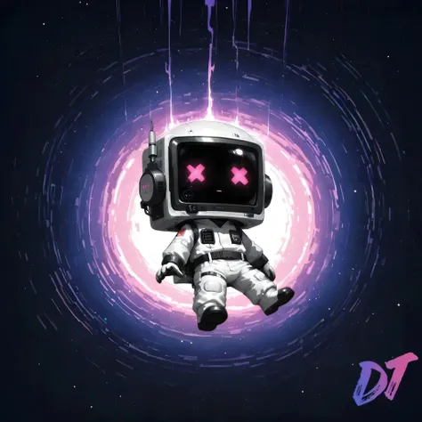 (masterpiece, best quality:1.2), chibi style, 1boy, radio_head, expressive craze_face, glowing circle eyes, glitch_face distortion, chibi style, soft outlines, cute proportions, wearing spacesuit, (closed eyes, tired eyes), (floating gently in outer space)...