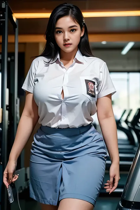 1girl, solo, 19 years old, tall body, (uniform), at the gym, towards viewer, semi-thick breasts, smooth realistic skin, angry face, white shirt, grey blue skirt, crawling towards viewer, photorealistic, 8K, ultra-detailed, hyper-realistic, physically-base...