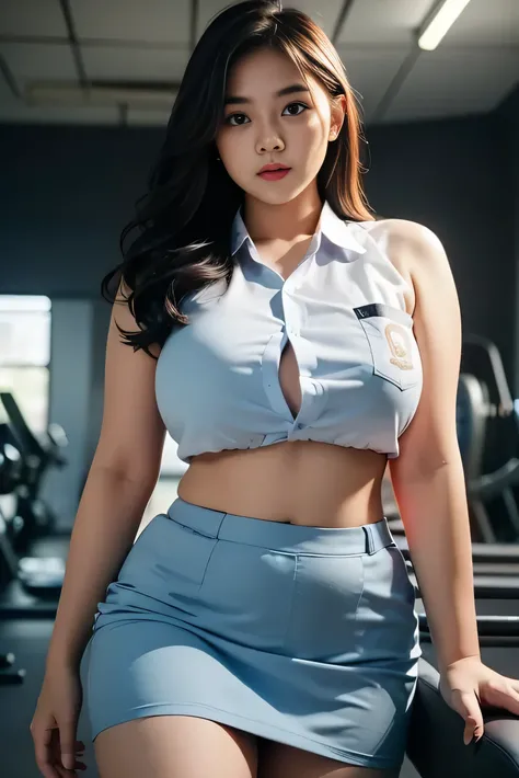 1girl, solo, 19 years old, tall body, (uniform), at the gym, towards viewer, semi-thick breasts, smooth realistic skin, angry face, white shirt, grey blue skirt, crawling towards viewer, photorealistic, 8K, ultra-detailed, hyper-realistic, physically-base...