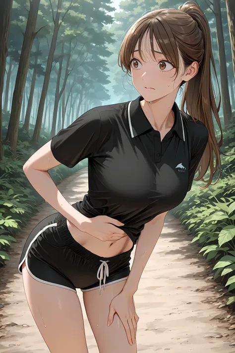 ponytail,brown hair, long hair, brown eyes,black shirt, collared shirt, short sleeves, black shorts, short shorts, dolphin shorts,
Solo, masterpiece, highres, ultra-detailed, hyper-detailed, best quality, amazing quality, very aesthetic, best hands, best...