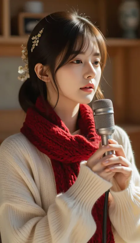 (Masterpiece, top quality:1.2), jiyeon_oc:1.2, alone, 1girl, Pure and Beautiful Korean, Raw (Close to 3:4, ultra-high definition 8K photo), Portrait of Unchanging Beauty, A vintage loose-fit cream sweater, a scarf woven from red wool around the neck, Woman...