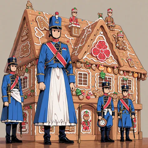 A classic Nutcracker Soldier in a splendid uniform, standing guard in front of the gingerbread house