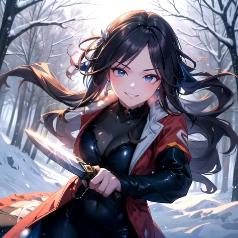 (The theme of this work is "Snow Survival Game." Think about sports and non-sports you might enjoy on the snow. Survival knife battles in a snowy forest in the middle of winter, sword slashing action, dark blue suit: 1.3)
(Moonlit night, large breasts, Lol...