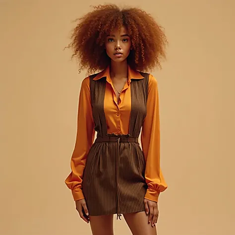 A realistic, high resolution photograph of a beautiful mulatto woman in her 20's; full body frontal view facing the camera with her arms at her side, looking at the camera. There is extra space in the photo above her head. She has a lithe, hourglass, fashi...