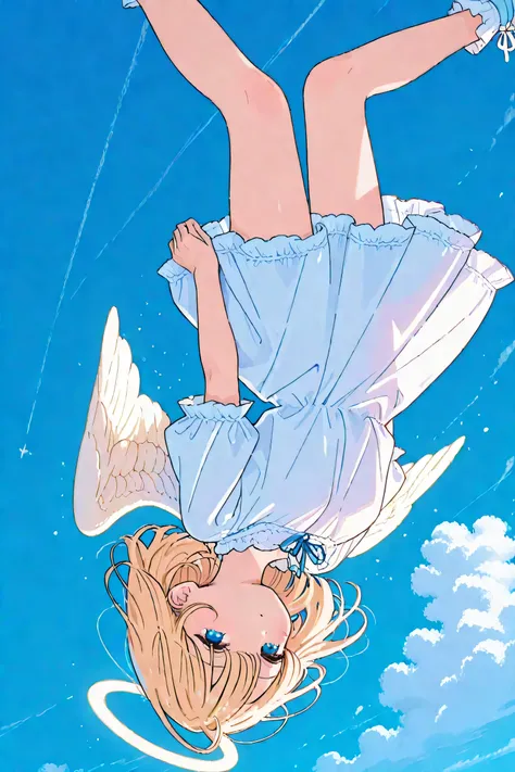 Female Angel、, beautiful blue sky、Above、No expression、year zero、Flying in the Sky、wings、beautiful blonde hair、 Upside Down Angle 、high image quality、High Resolution、4K