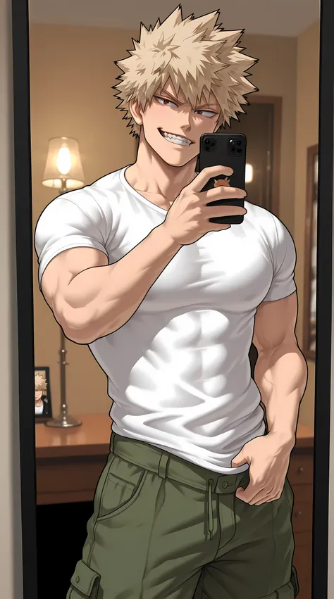 1man, Katsuki Bakugou, confident smirk, relaxed stance.
Pose: holding his phone for a mirror selfie, one hand hooking a thumb into the waistband of his pants.
Outfit: casual loose white tee, low-rise cargo pants.
Setting: bedroom mirror with warm lamp ligh...