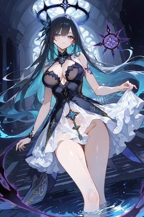Darkness of Judgment: Magical Mirror　lots of people　beautiful woman　slightly larger breasts　no panties　(Transparent Dress:1.9)　　Water Priestess 　Mysterious aura　