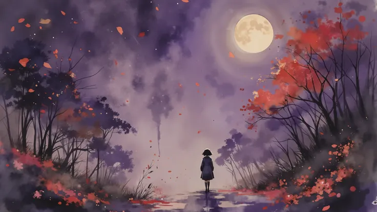 artistic illustration. watercolor, Japanese Sumi-e , Dramatic, Dynamic, vintage, sketch, Fantasy, beautiful, blend, overview, glitch, Fragmented, hopeful, アートシーン

Abstract mystical illustration, dissolving petals in deep violet, fading footprints like whit...