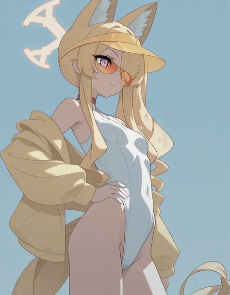 masterpiece, ultra-HD, impressionism, high detail, best quality, very aesthetic, 8k, best quality, beautiful, tmchng, anime coloring , Seia swimsuit (Blue Archive) , eyelashes, long sidelocks blonde hair , purple eyes, sidelocks , hair over one eye , tail ...