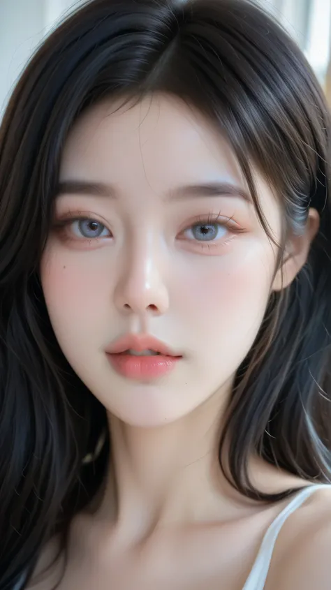 high quality, masterpiece, best quality, a beautiful Korean ulzzang girl, flawless porcelain skin, straight medium-length black hair with subtle highlights, soft natural makeup, rosy cheeks, glossy lips, large expressive eyes with double eyelids, delicate ...