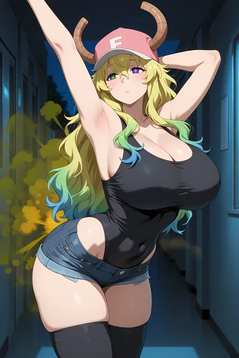 lucoa, blonde hair, blue hair, dragon girl, gradient hair, green hair, hair between eyes, horns, horns through headwear, huge breasts, multicolored hair, baseball cap, cap, hat, pink hat, green eyes, purple eyes, yellow pupils, heterochromia,,black thighhi...