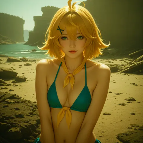 cinematic photo, (realistic, photorealistic:1.15), (masterpiece, best quality, newest, highres, absurdres:1), high contrast, vibrant colors, lazypos, high contrast, vibrant colors, deserted island, ruins, in front of shipwreck, 1girl, DokiBH, blonde hair, ...