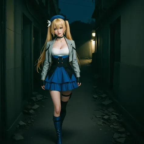cinematic photo, (realistic, photorealistic:1.15), (masterpiece, best quality, newest, highres, absurdres:1), lazypos, back alley, night, night time, ruins, walking through building, 1girl, DokiNew, blonde hair, long hair, beret, twintails, bangs, green ey...