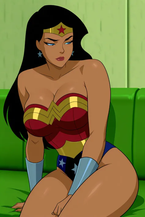 anime coloring, dramatic lighting, intricate details, masterpiece, best quality, absurdres, depth, Diana_XL, 1girl, solo, closed eyes, black hair, long hair, big breasts, cleavage, jewelry, bracers, vambraces, bare shoulders, earrings, star (symbol), strap...