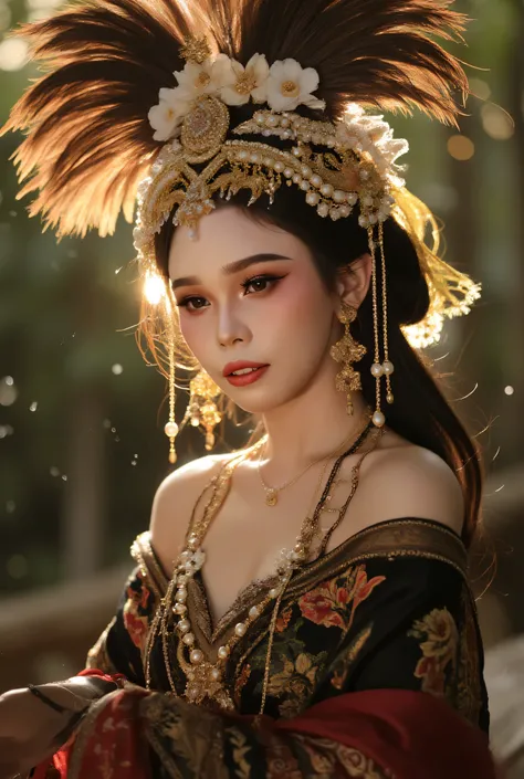 “Ultra-realistic 8K portrait of a young Southeast Asian woman in traditional fantasy Dayak-inspired attire. Half-body pose, elegant expression, smooth warm skin, rosy cheeks, glossy deep-red lips. Wearing an ornate golden headdress with intricate embroider...