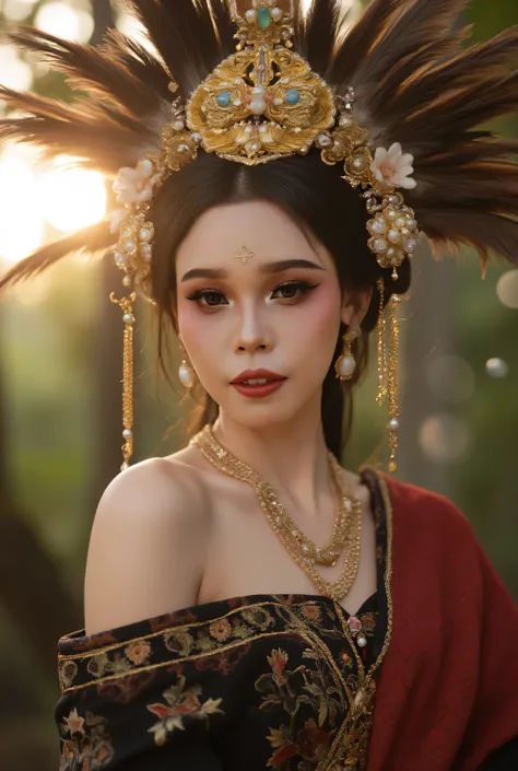 “Ultra-realistic 8K portrait of a young Southeast Asian woman in traditional fantasy Dayak-inspired attire. Half-body pose, elegant expression, smooth warm skin, rosy cheeks, glossy deep-red lips. Wearing an ornate golden headdress with intricate embroider...