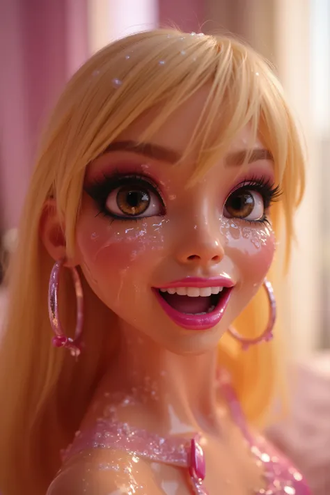 NSFW portrait in medium close up showing the full face of an impressive 18-year-old hyperrealistic doll in Winx Club style, with stunning face and sculptural slim body, cum drenched in cum, translucent white microdroplets of semen sprayed all over your fac...